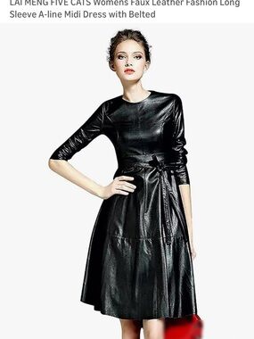 Women’s Black Faux Leather Long Sleeve A-Line Midi Dress with Tie Waist
